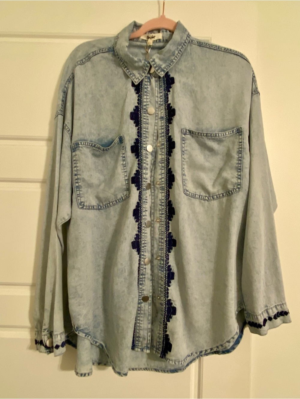 Blue Velvet Light Wash Denim Button-Up Shirt/Jacket with Navy Trim